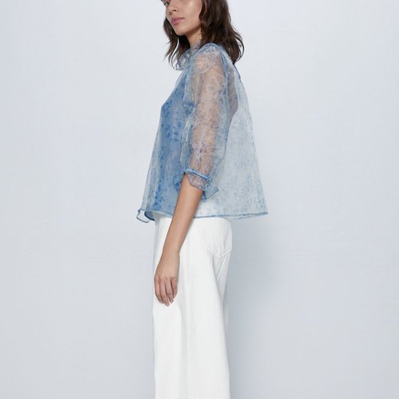 Zara Tops Zara Printed Organza Blouse Blue 356422ruffle Poshmark